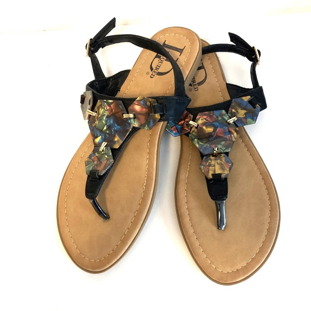 Iridescent Geometric Shell T-Strap Sandals / Black flat Sandals/ Size 8